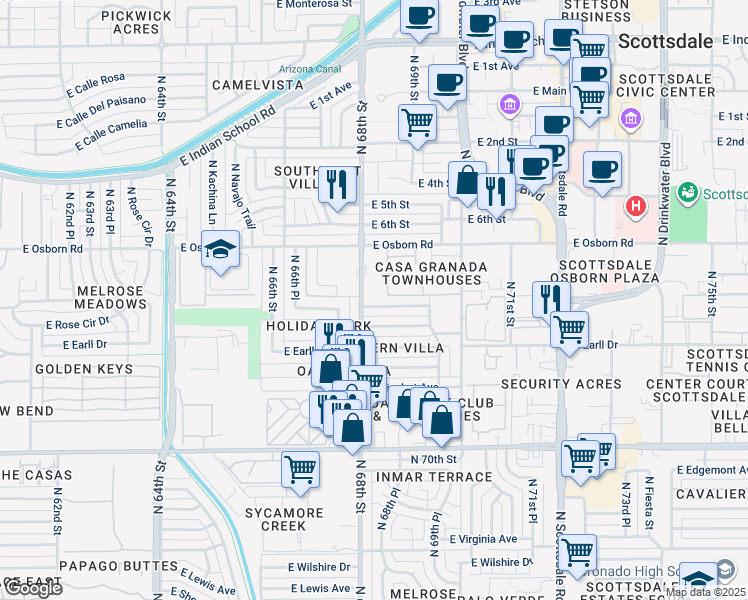 map of restaurants, bars, coffee shops, grocery stores, and more near in Scottsdale
