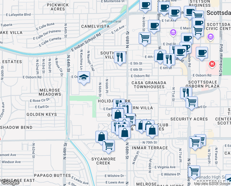 map of restaurants, bars, coffee shops, grocery stores, and more near 6715 East Angus Drive in Scottsdale