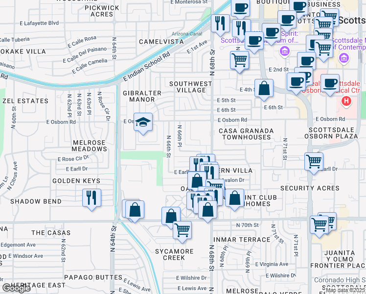 map of restaurants, bars, coffee shops, grocery stores, and more near 3301 North 66th Place in Scottsdale