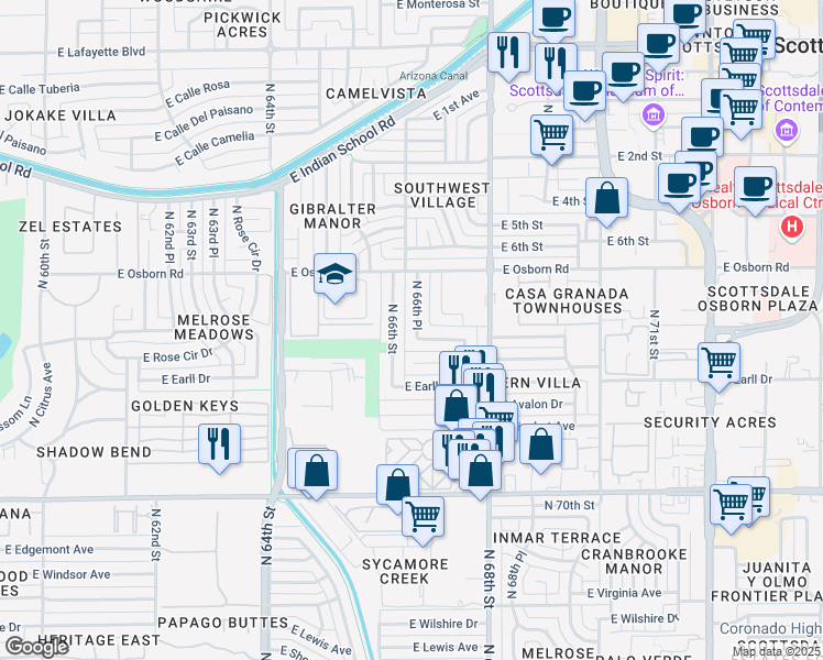 map of restaurants, bars, coffee shops, grocery stores, and more near 3301 North 66th Place in Scottsdale