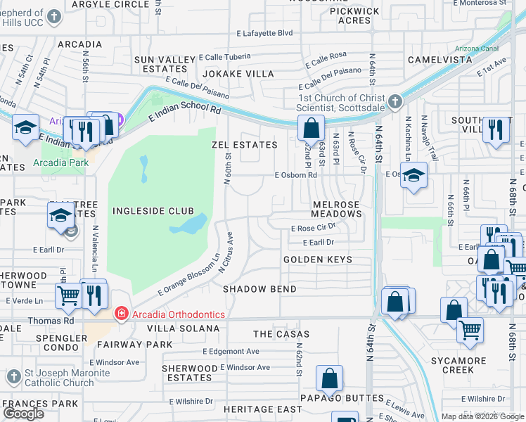 map of restaurants, bars, coffee shops, grocery stores, and more near 3314 North 61st Place in Scottsdale