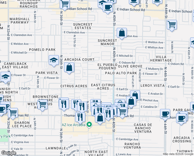map of restaurants, bars, coffee shops, grocery stores, and more near 3202 North 39th Street in Phoenix
