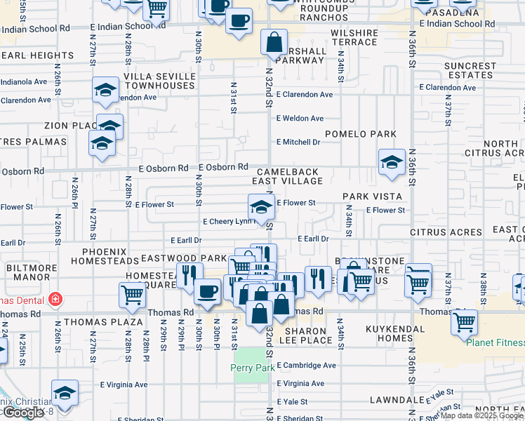 map of restaurants, bars, coffee shops, grocery stores, and more near 3127 East Flower Street in Phoenix