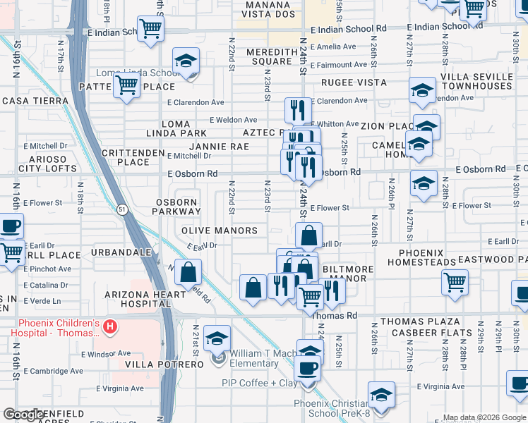 map of restaurants, bars, coffee shops, grocery stores, and more near 2308 East Flower Street in Phoenix