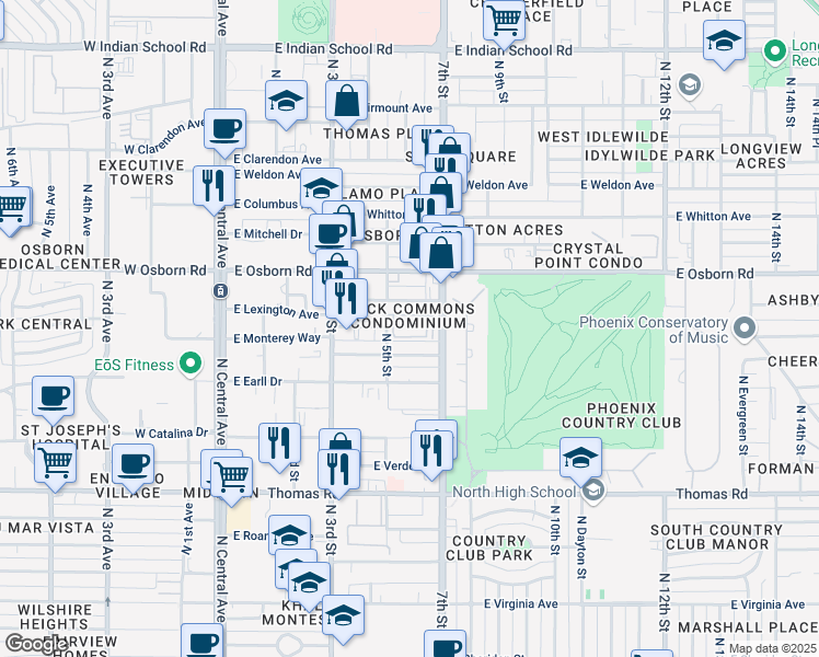 map of restaurants, bars, coffee shops, grocery stores, and more near 3302 East Flower Street in Phoenix