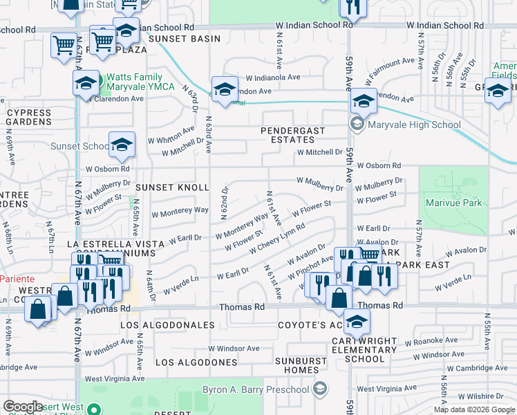 map of restaurants, bars, coffee shops, grocery stores, and more near 3338 North 61st Drive in Phoenix