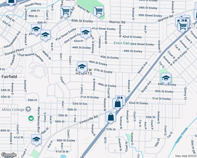 map of restaurants, bars, coffee shops, grocery stores, and more near 1101 48th Street Ensley in Birmingham