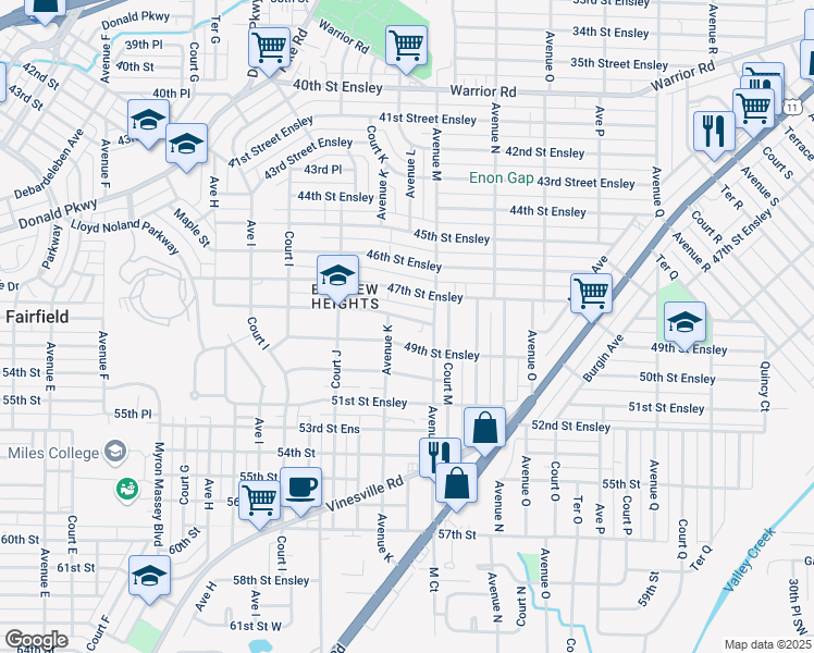 map of restaurants, bars, coffee shops, grocery stores, and more near 1101 48th Street Ensley in Birmingham