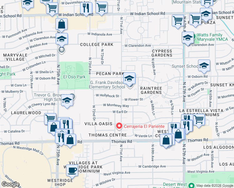 map of restaurants, bars, coffee shops, grocery stores, and more near 7101 West Flower Street in Phoenix