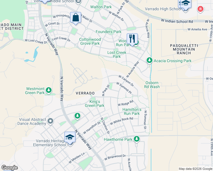 map of restaurants, bars, coffee shops, grocery stores, and more near 3454 North Park Street in Buckeye