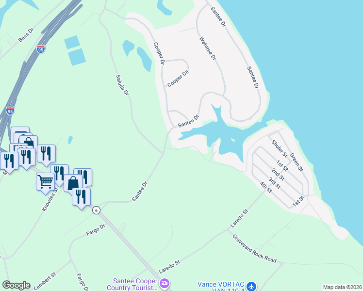 map of restaurants, bars, coffee shops, grocery stores, and more near 100 Broad River Drive in Santee