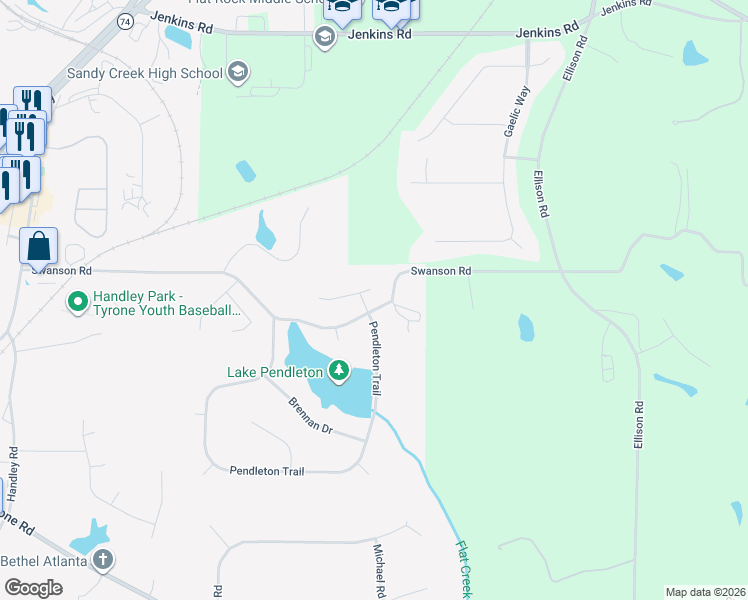 map of restaurants, bars, coffee shops, grocery stores, and more near 115 Silverthorn Drive in Tyrone