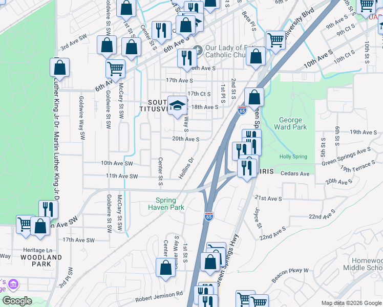 map of restaurants, bars, coffee shops, grocery stores, and more near 2005 Hollins Drive in Birmingham
