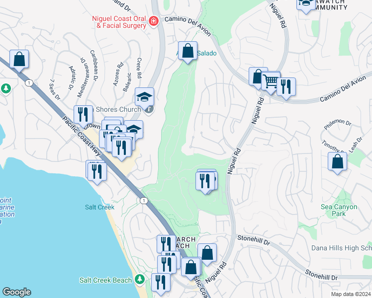 map of restaurants, bars, coffee shops, grocery stores, and more near 15 Vista Cielo in Dana Point