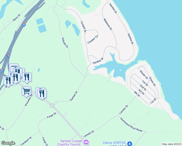 map of restaurants, bars, coffee shops, grocery stores, and more near 100 Broad River Drive in Santee