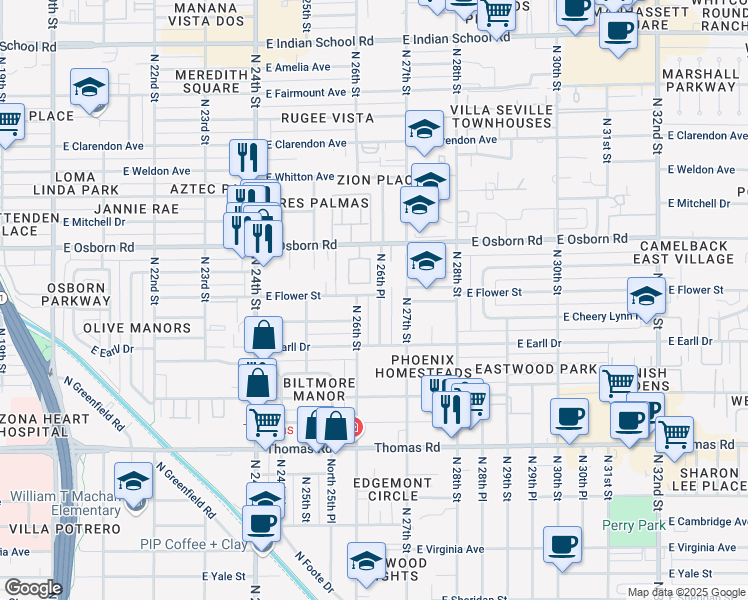 map of restaurants, bars, coffee shops, grocery stores, and more near 3203 North 26th Place in Phoenix