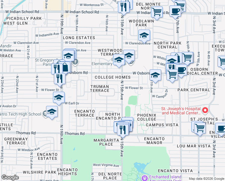 map of restaurants, bars, coffee shops, grocery stores, and more near 1601 West Flower Circle North in Phoenix