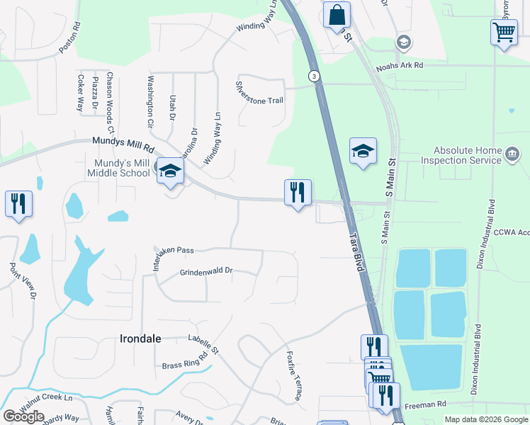 map of restaurants, bars, coffee shops, grocery stores, and more near 1419 Mundys Mill Road in Jonesboro