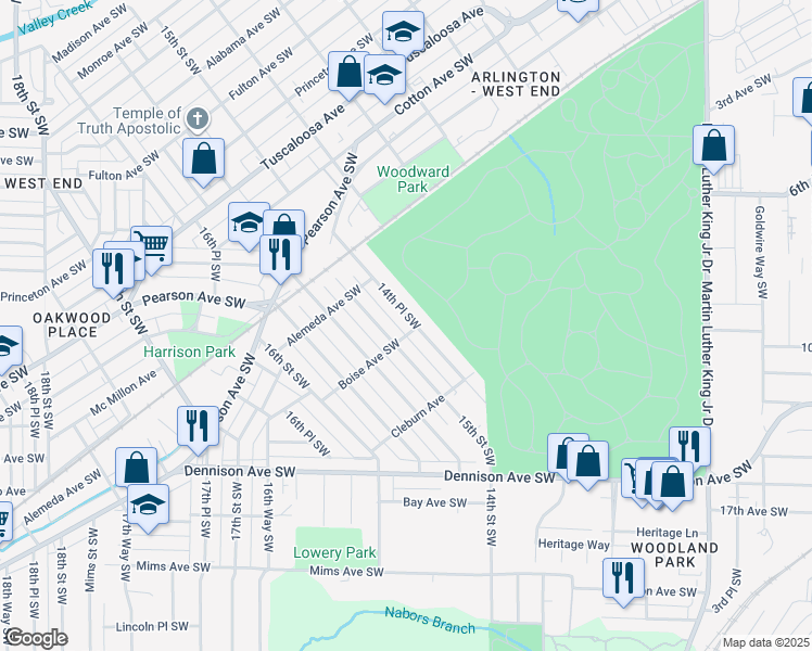 map of restaurants, bars, coffee shops, grocery stores, and more near 1144 14th Place Southwest in Birmingham