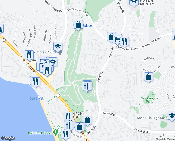 map of restaurants, bars, coffee shops, grocery stores, and more near 22 Via Monarca Street in Dana Point