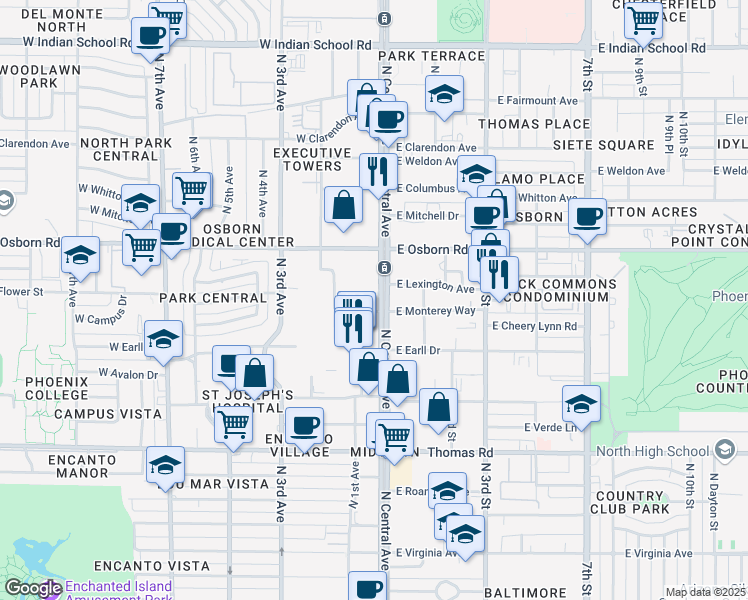 map of restaurants, bars, coffee shops, grocery stores, and more near 3200 North Central Avenue in Phoenix