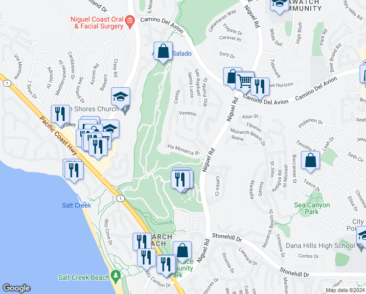 map of restaurants, bars, coffee shops, grocery stores, and more near 22 Via Monarca Street in Dana Point
