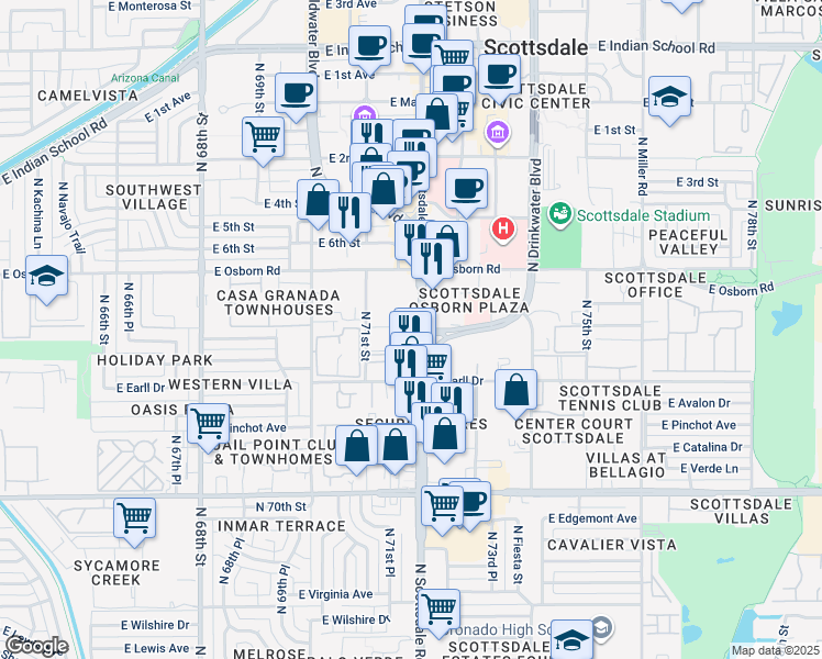 map of restaurants, bars, coffee shops, grocery stores, and more near 7117 East Angus Drive in Scottsdale