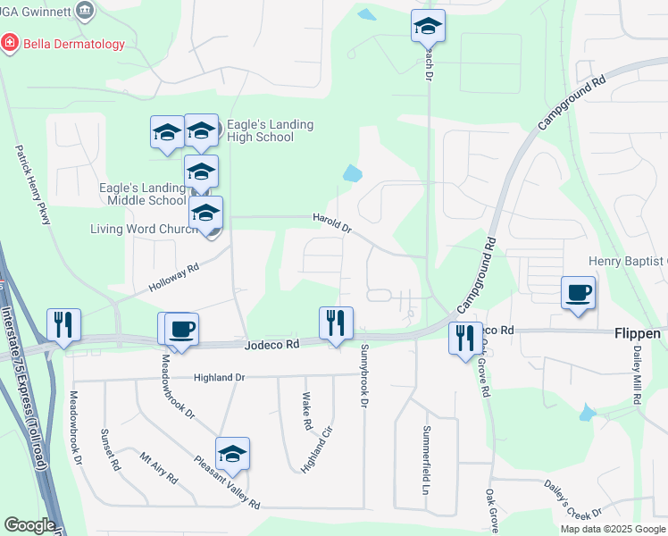 map of restaurants, bars, coffee shops, grocery stores, and more near 186 Harold Drive in McDonough