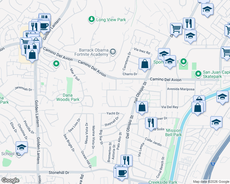 map of restaurants, bars, coffee shops, grocery stores, and more near 25392 Neptune Drive in Dana Point