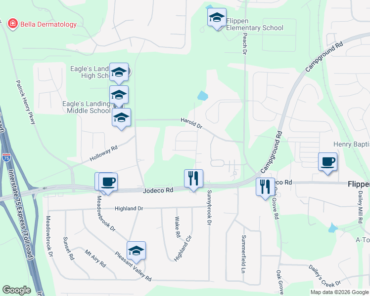 map of restaurants, bars, coffee shops, grocery stores, and more near 186 Harold Drive in McDonough