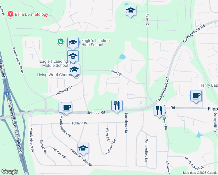 map of restaurants, bars, coffee shops, grocery stores, and more near 186 Harold Drive in McDonough