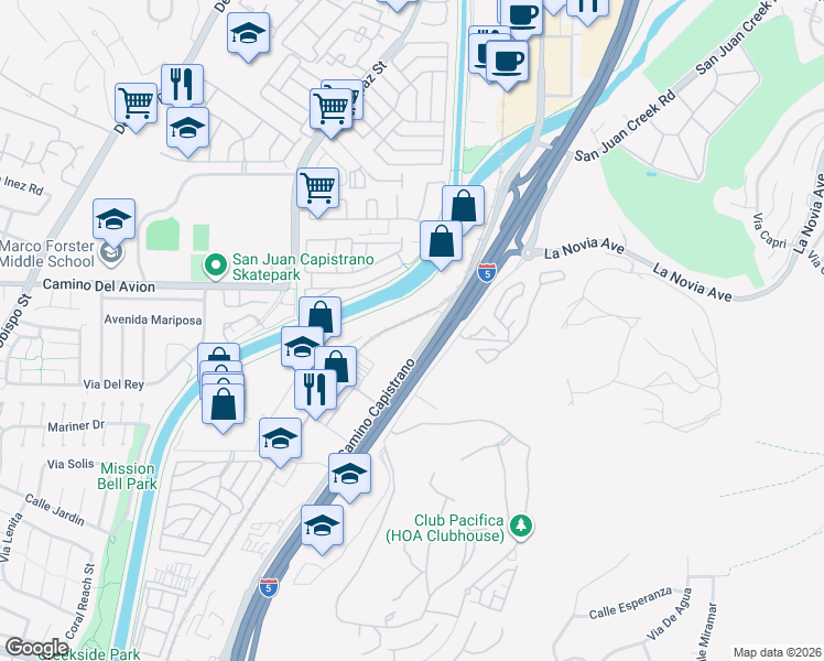 map of restaurants, bars, coffee shops, grocery stores, and more near 32861 Camino Capistrano in San Juan Capistrano