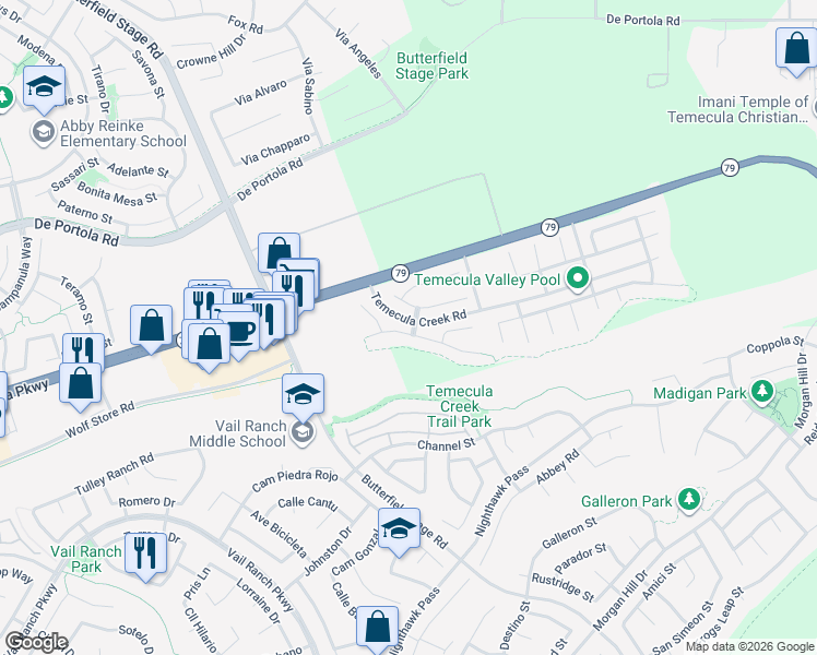 map of restaurants, bars, coffee shops, grocery stores, and more near 33564 Blue Water Way in Temecula