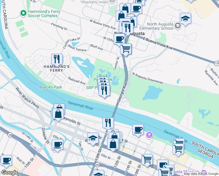 map of restaurants, bars, coffee shops, grocery stores, and more near Center Street in North Augusta