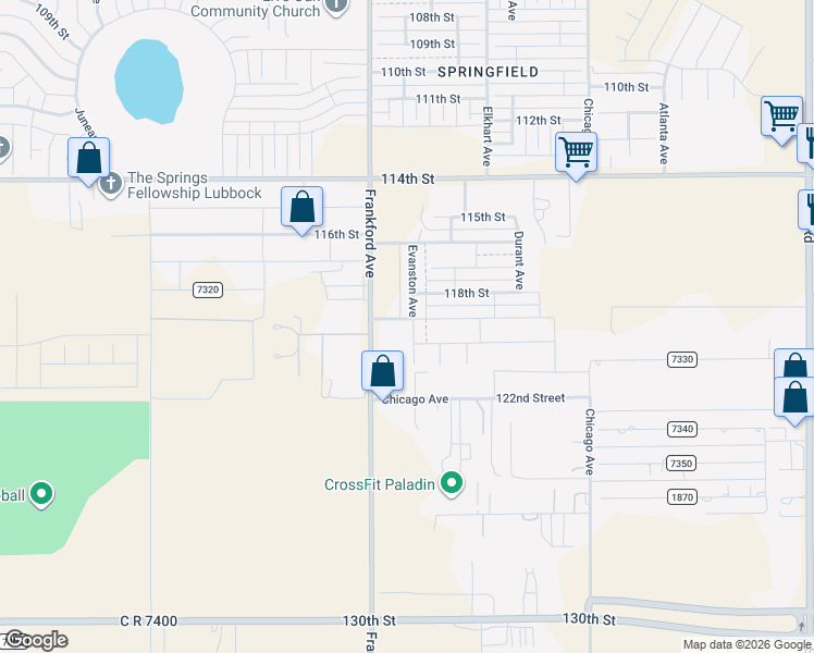 map of restaurants, bars, coffee shops, grocery stores, and more near 11783-11999 Frankford Avenue in Lubbock