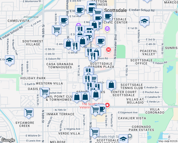 map of restaurants, bars, coffee shops, grocery stores, and more near 7117 East Angus Drive in Scottsdale