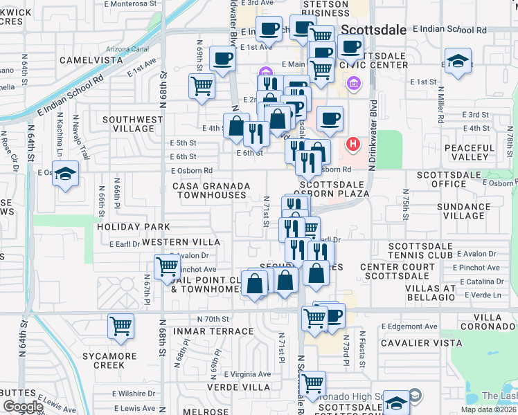 map of restaurants, bars, coffee shops, grocery stores, and more near 7105 East Angus Drive in Scottsdale