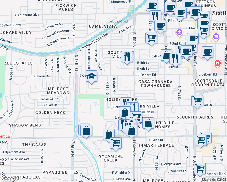 map of restaurants, bars, coffee shops, grocery stores, and more near 3301 North 66th Place in Scottsdale