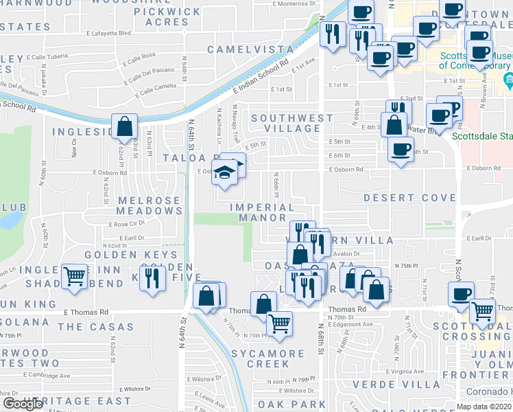 map of restaurants, bars, coffee shops, grocery stores, and more near 3238 North 66th Street in Scottsdale