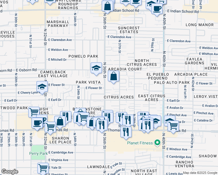 map of restaurants, bars, coffee shops, grocery stores, and more near 3201 North 36th Street in Phoenix