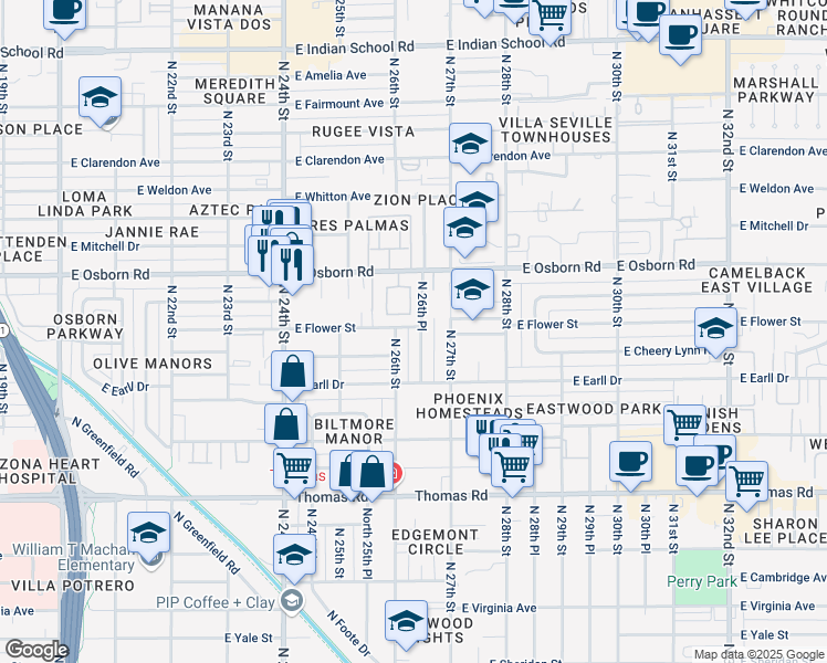 map of restaurants, bars, coffee shops, grocery stores, and more near 3203 North 26th Place in Phoenix