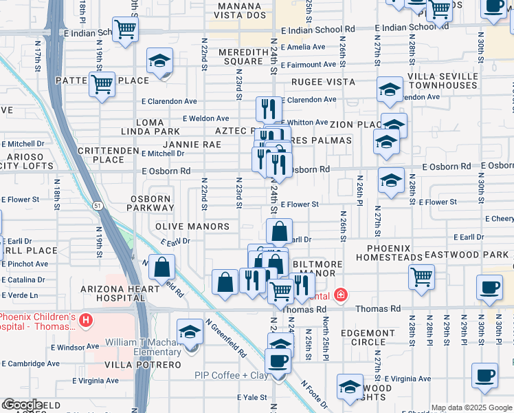 map of restaurants, bars, coffee shops, grocery stores, and more near 2737 East Arizona Biltmore Circle in Phoenix