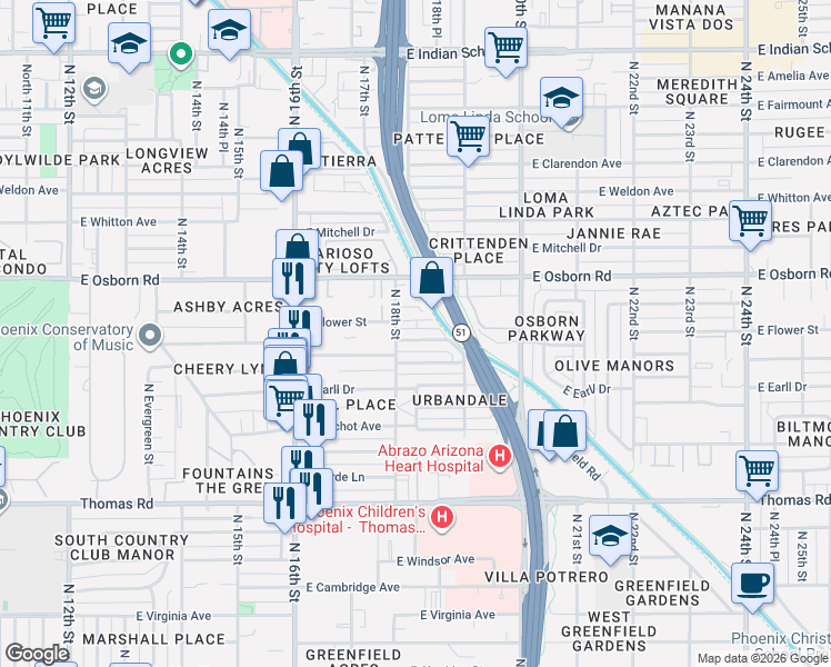 map of restaurants, bars, coffee shops, grocery stores, and more near 1840 East Monterey Way in Phoenix