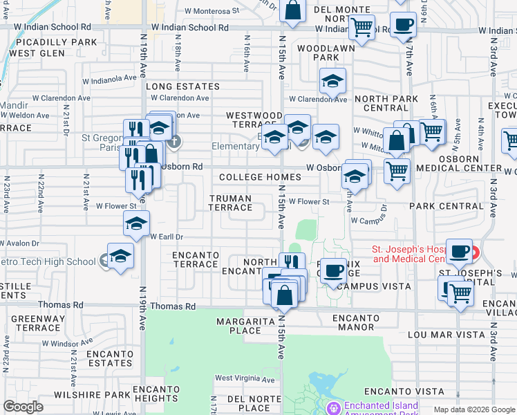 map of restaurants, bars, coffee shops, grocery stores, and more near 1601 West Flower Circle North in Phoenix