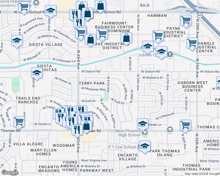 map of restaurants, bars, coffee shops, grocery stores, and more near 4101 West Flower Street in Phoenix