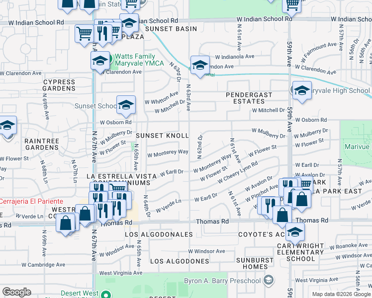 map of restaurants, bars, coffee shops, grocery stores, and more near 3310 North 63rd Avenue in Phoenix