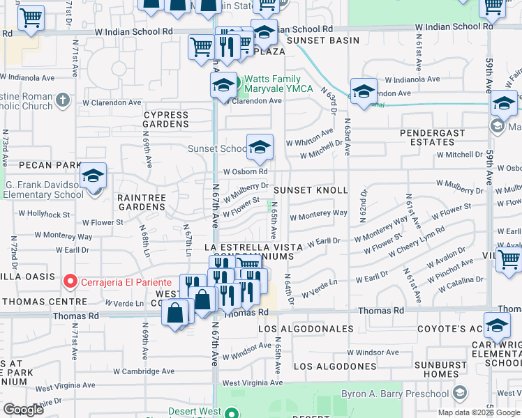 map of restaurants, bars, coffee shops, grocery stores, and more near 3212 North 65th Avenue in Phoenix