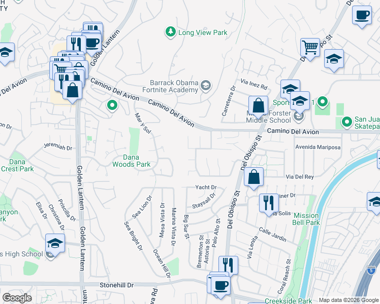 map of restaurants, bars, coffee shops, grocery stores, and more near 32822 Sail Way in Dana Point