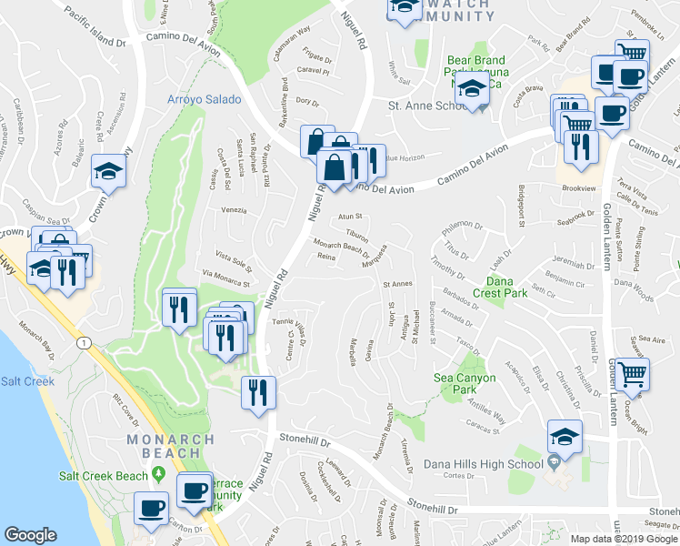 map of restaurants, bars, coffee shops, grocery stores, and more near 25 Dauphin in Dana Point
