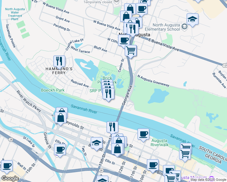 map of restaurants, bars, coffee shops, grocery stores, and more near Center Street in North Augusta